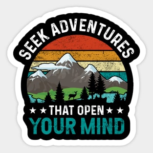 Seek adventure that open mind, outdoor camping, trekking, hiking, mountains, nature, christmas, new year eve Sticker